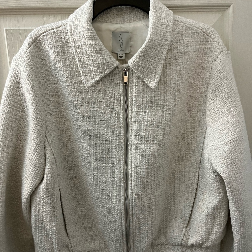 Joie White and Cream Tweed Bomber and Zip Closure